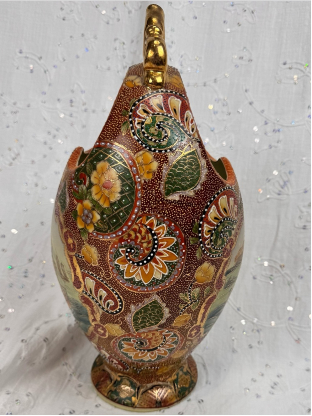 Vintage 1984 Chinese Satsuma Style Moon Flask Basket Vase 15” Gilded Chinoiserie - Picture 4 of 8